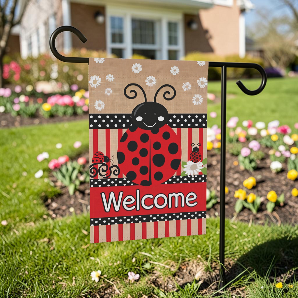 Large Ladybug Welcome garden flag on a black scroll-top stand in front of a brick house with a flowering garden bed