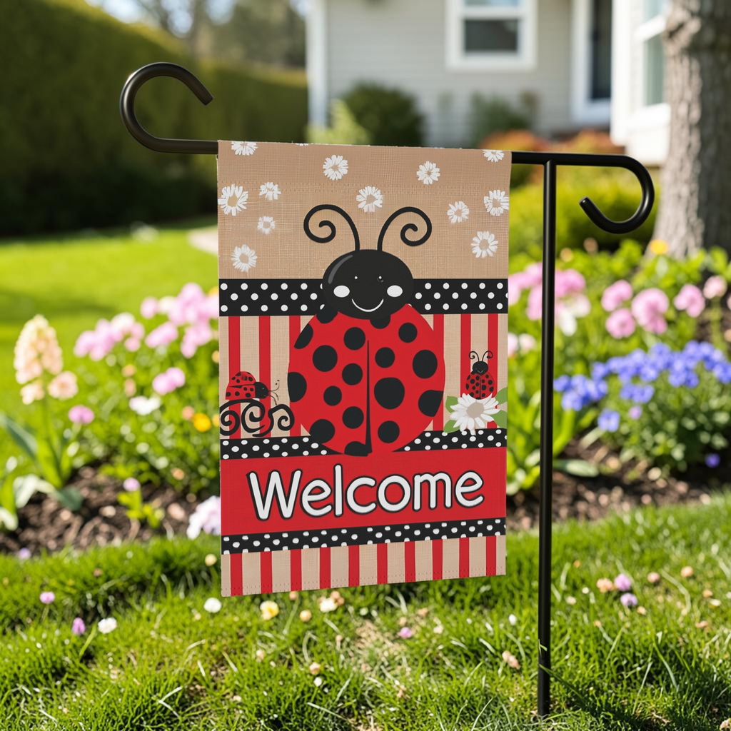Large Ladybug Welcome garden flag on a garden stand surrounded by a lush lawn and colorful mixed flower garden