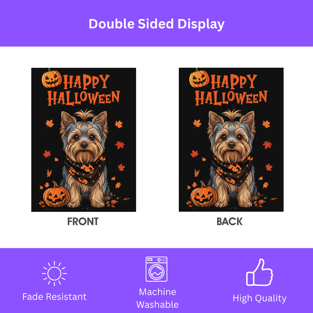 Close-up of the Little Pumpkin Yorkshire Terrier Halloween garden flag hanging from a wall-mounted flagpole bracket on a house exterior
