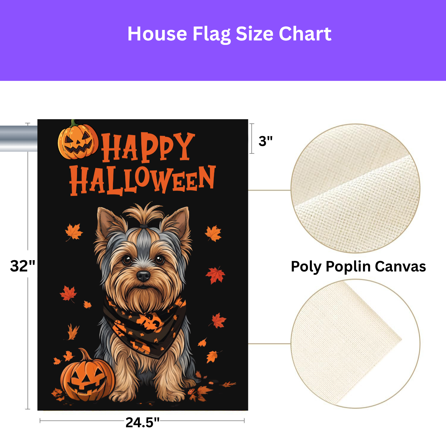 Front and back double-sided comparison of the Little Pumpkin Yorkshire Terrier Halloween garden flag with fade-resistant, machine-washable quality icons