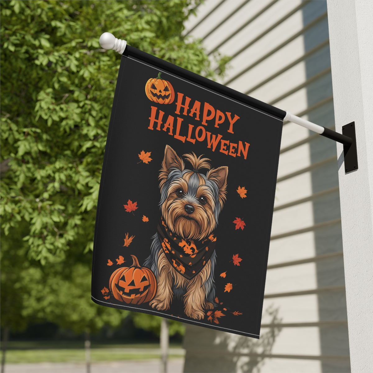 Size chart for the 12x18 inch Little Pumpkin Yorkshire Terrier Halloween garden flag with a close-up of the poly poplin canvas fabric
