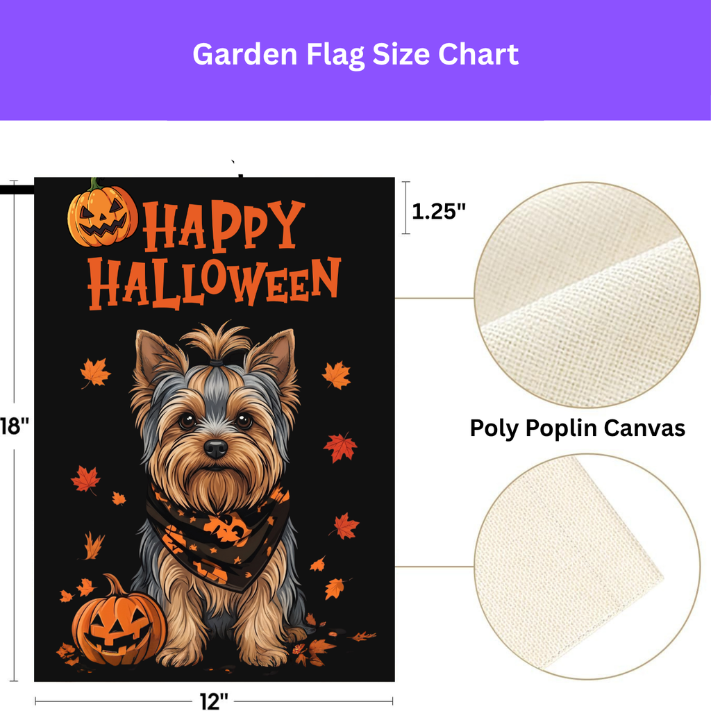 Little Pumpkin Yorkshire Terrier Halloween garden flag mounted on a garden pole in a lawn with colorful mums near a house
