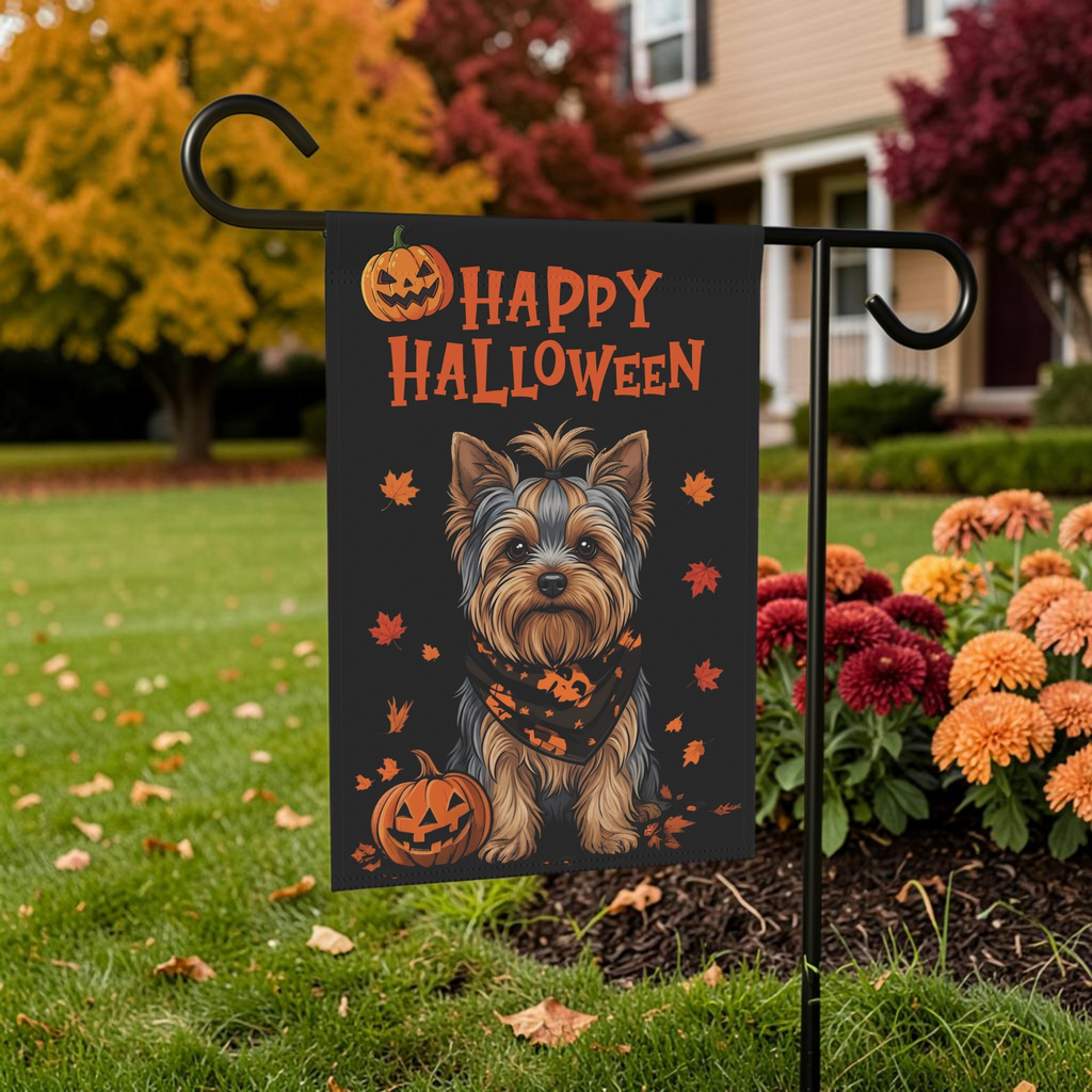 Size chart for the 24.5x32 inch Little Pumpkin Yorkshire Terrier Halloween garden flag with a poly poplin canvas fabric close-up