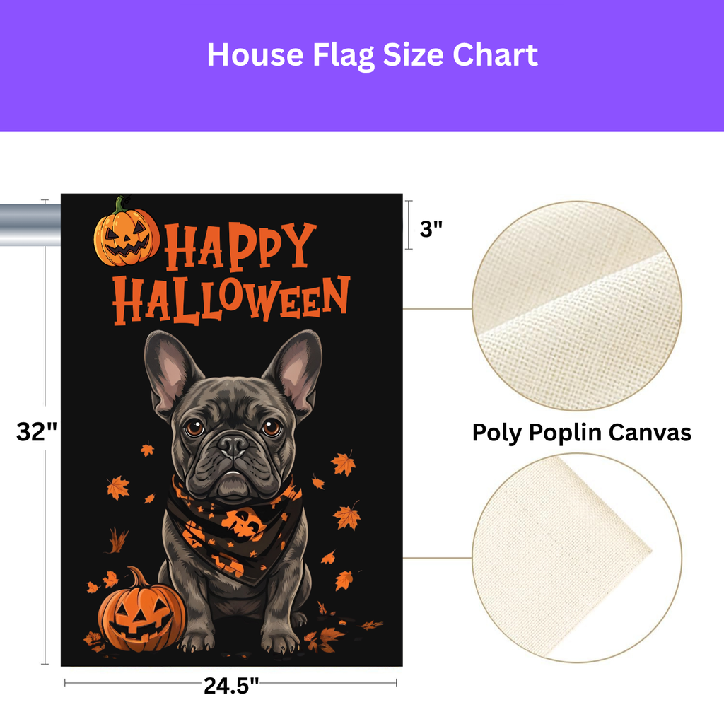 Size chart for the 24.5x32 inch Little Pumpkin French Bulldog Halloween garden flag with a poly poplin canvas fabric close-up