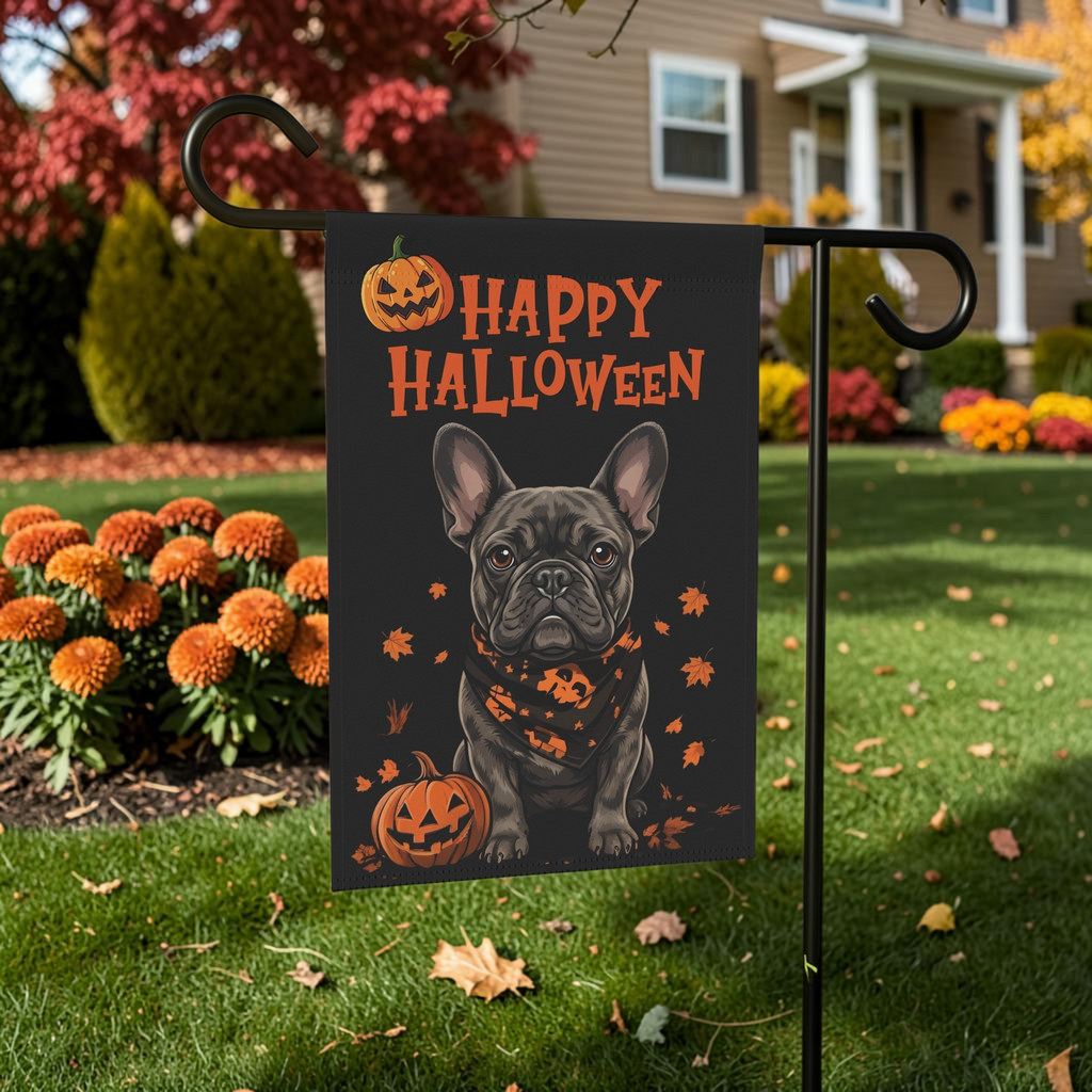 Little Pumpkin French Bulldog Halloween garden flag displayed on its stand among orange mums with a white-columned porch behind it