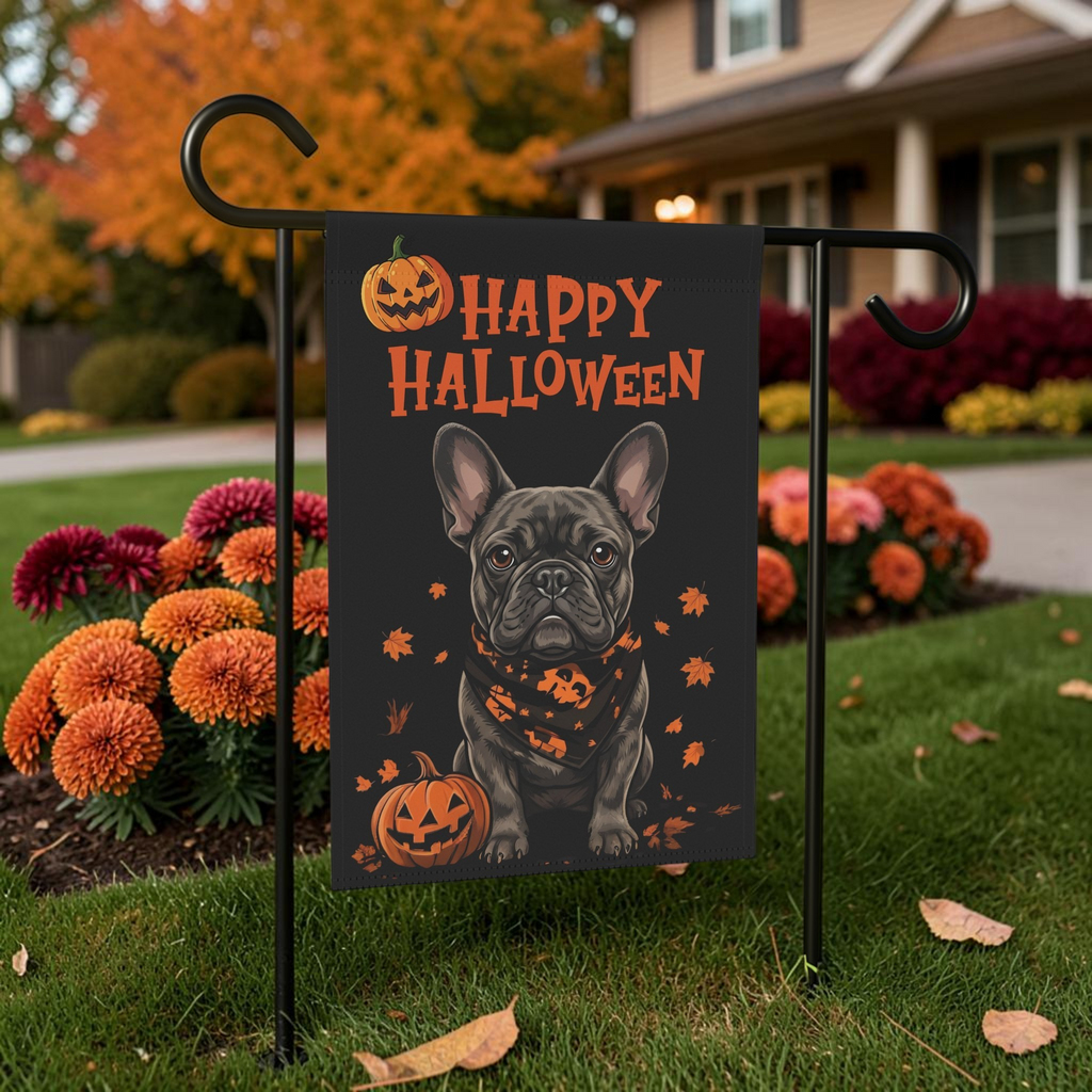Little Pumpkin French Bulldog Halloween garden flag on a stand in a lawn with red and orange mums near the front walkway