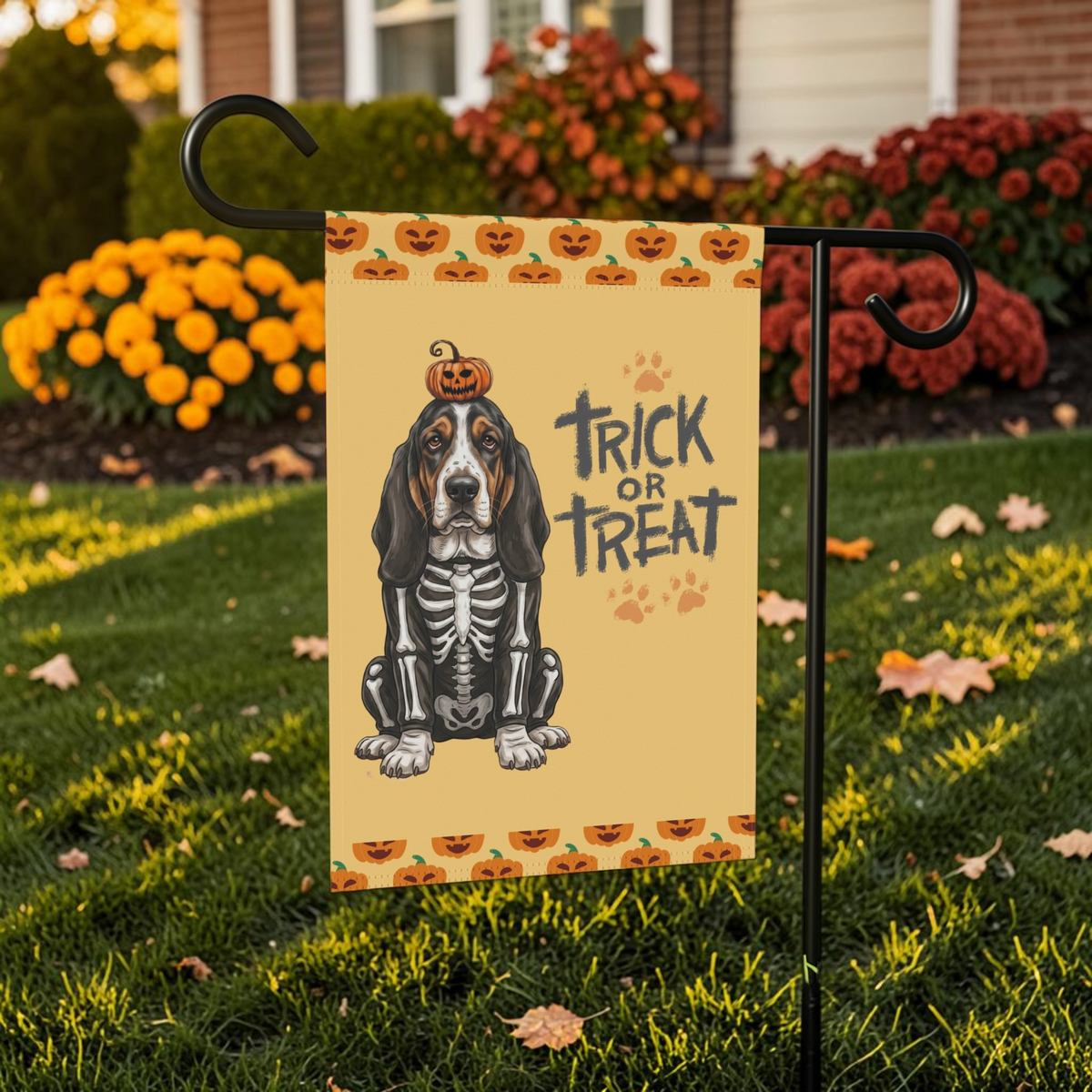 Trick or Treat Basset Hound Halloween Garden Flag Double Sided 12x18 24x32
