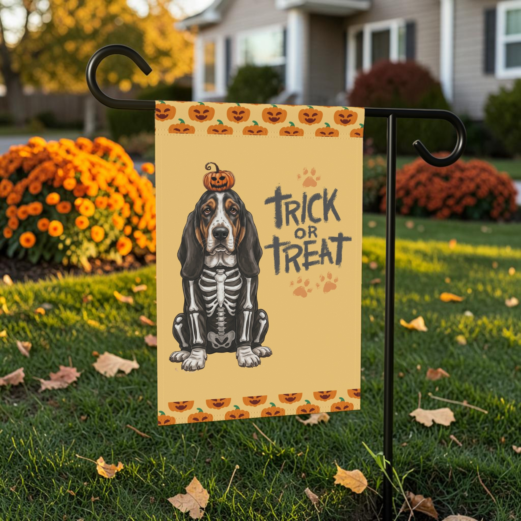 Trick or Treat Basset Hound Halloween Garden Flag Double Sided 12x18 24x32