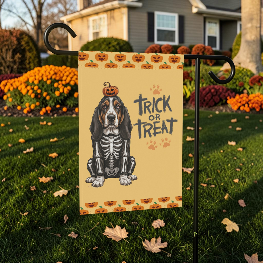 Trick or Treat Basset Hound Halloween Garden Flag Double Sided 12x18 24x32