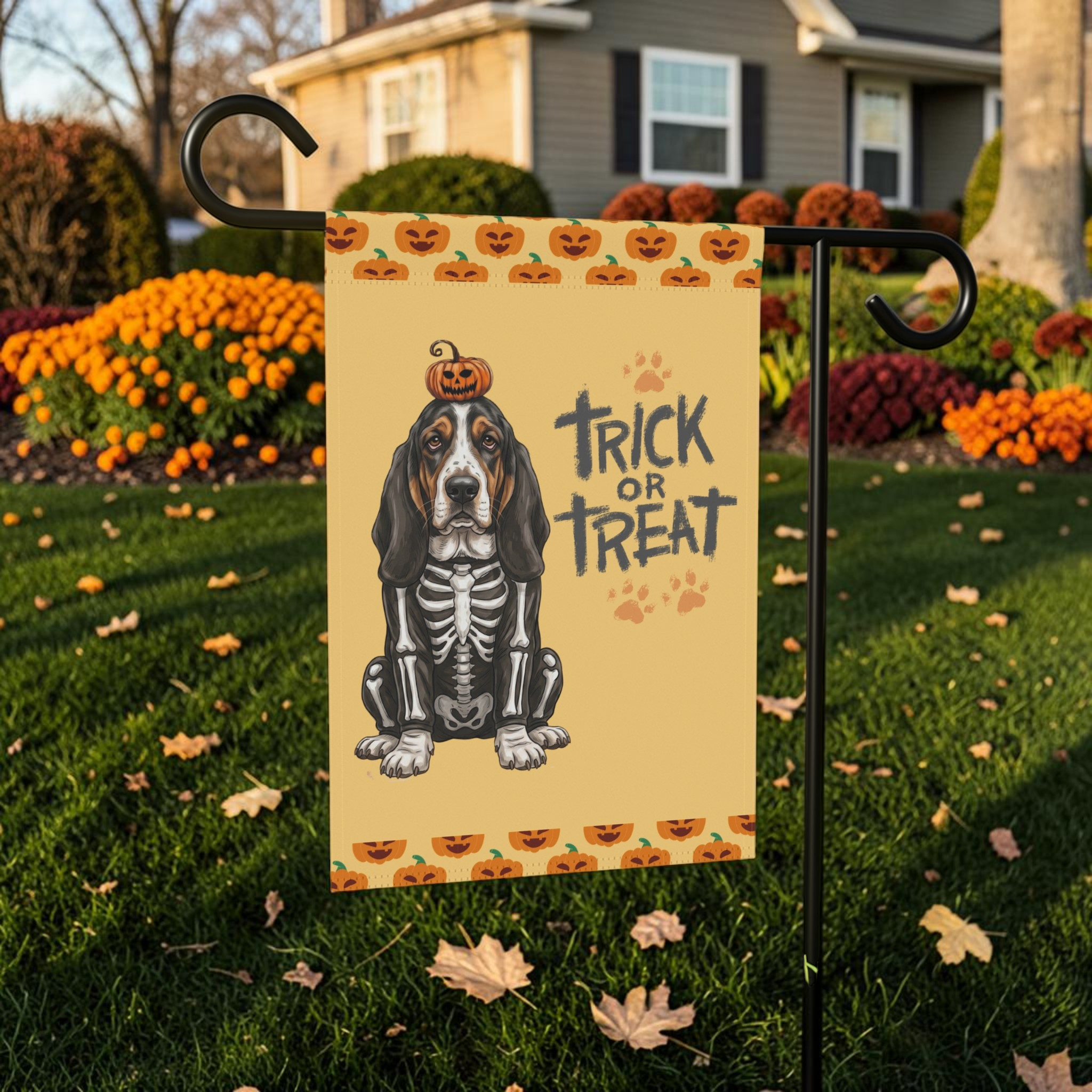 Trick or Treat Basset Hound Halloween Garden Flag Double Sided 12x18 24x32