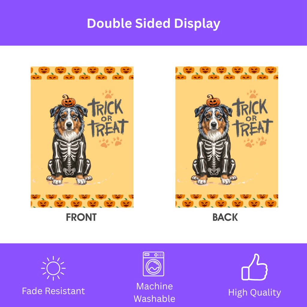 Trick or Treat Australian Shepherd Halloween Garden Flag Double Sided Outdoor