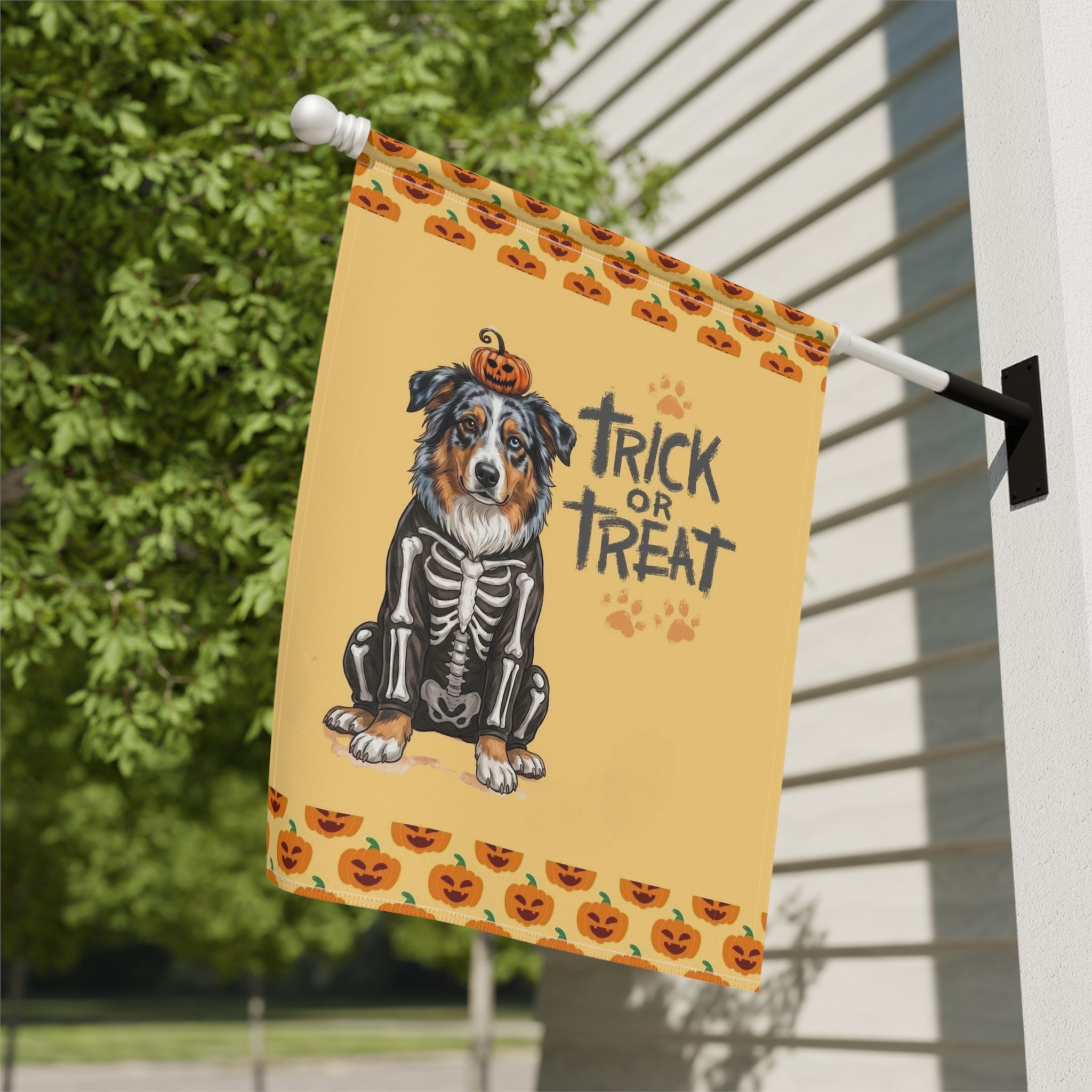 Trick or Treat Australian Shepherd Halloween Garden Flag Double Sided Outdoor