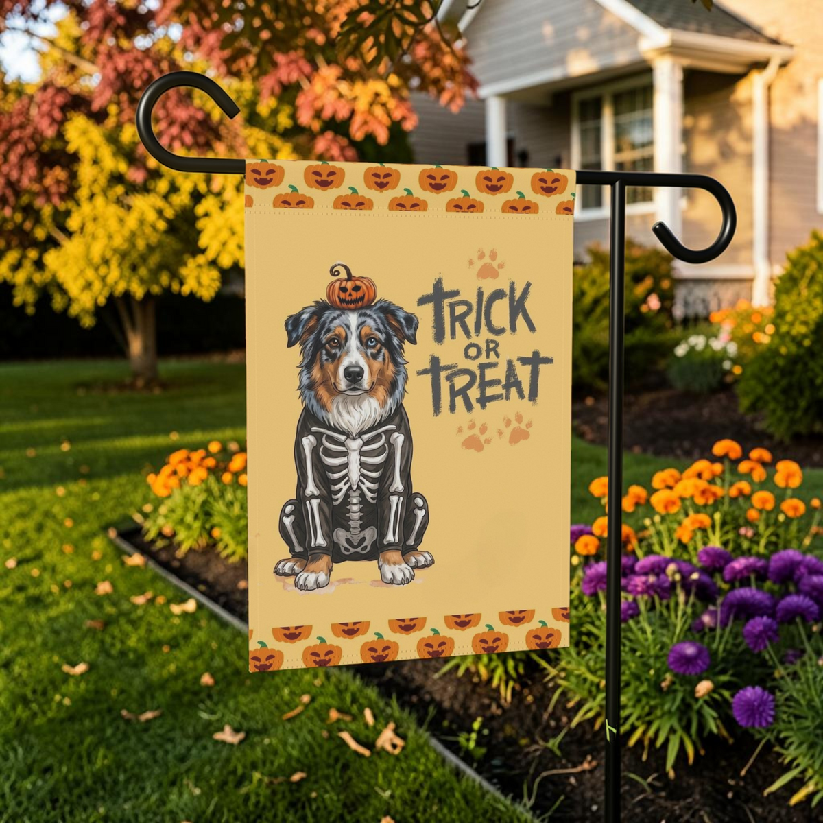 Trick or Treat Australian Shepherd Halloween Garden Flag Double Sided Outdoor