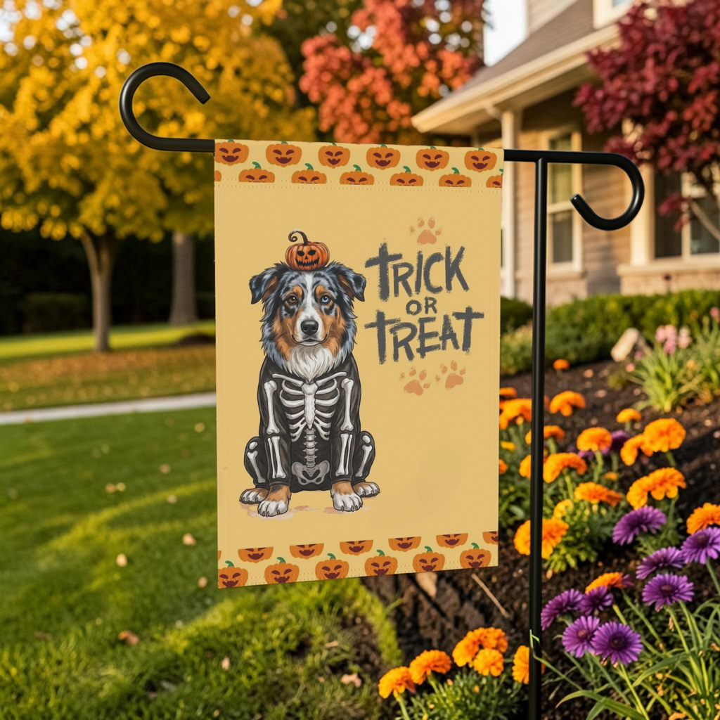 Trick or Treat Australian Shepherd Halloween Garden Flag Double Sided Outdoor