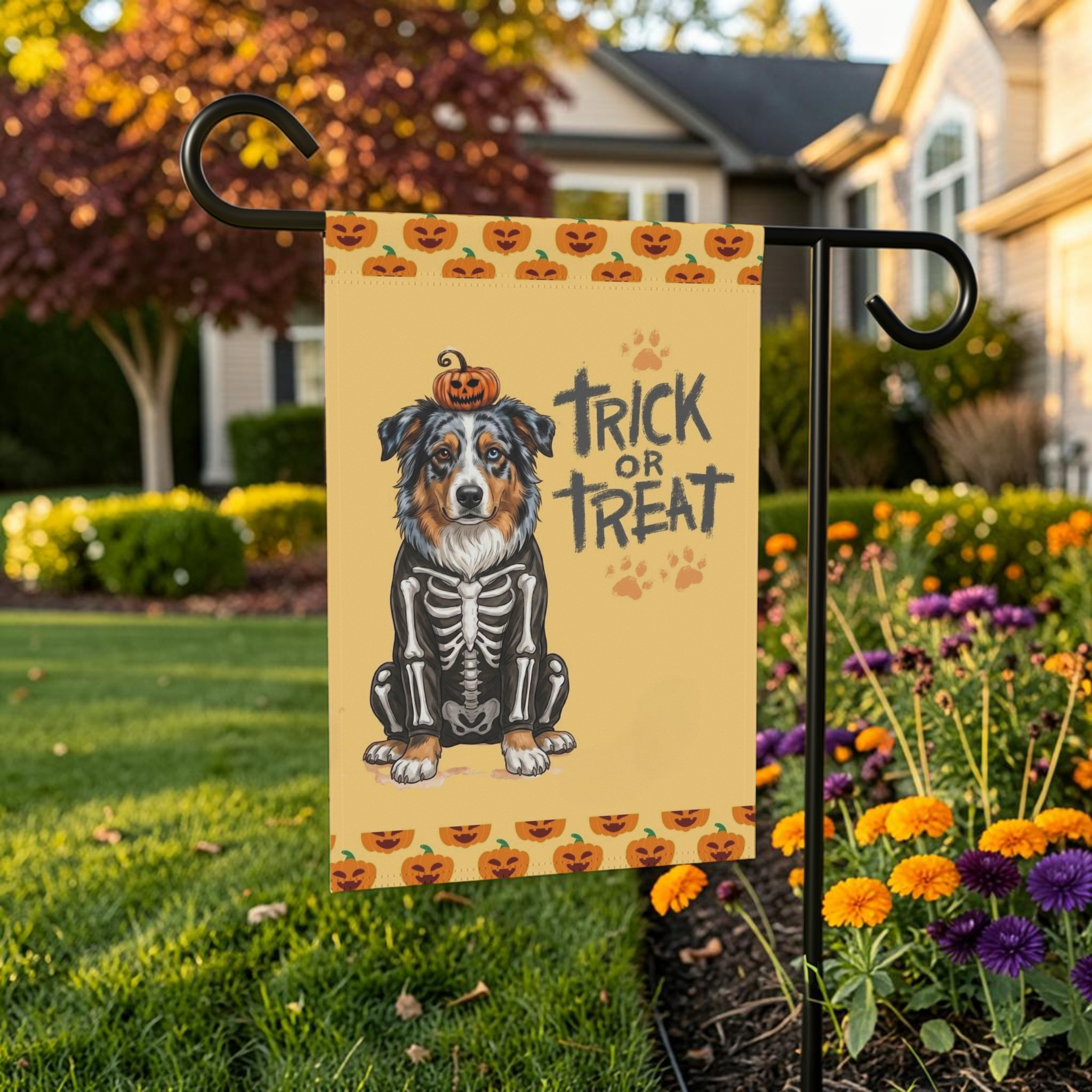 Trick or Treat Australian Shepherd Halloween Garden Flag Double Sided Outdoor
