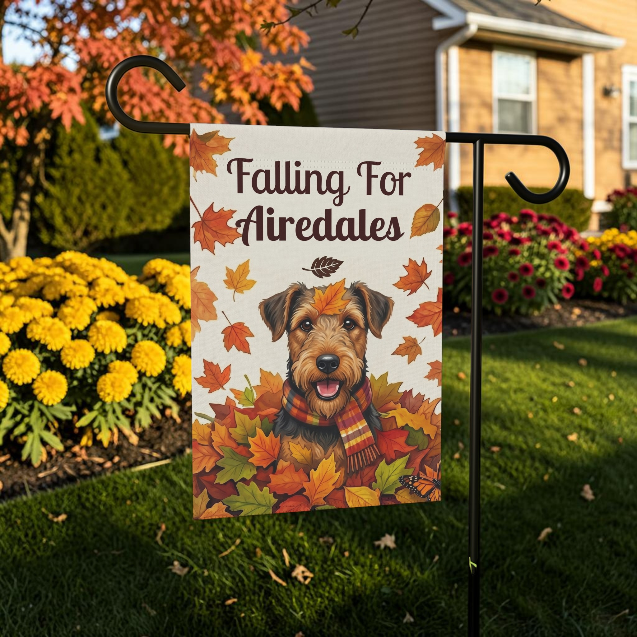 Falling for Airedales Autumn Garden Flag Double Sided 12x18 24x32 Outdoor