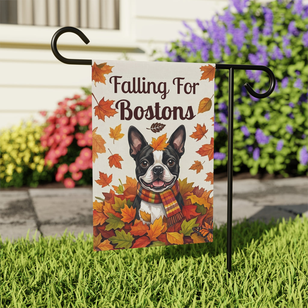 Falling For Bostons Black And White Boston Terrier Garden Flag Double Sided