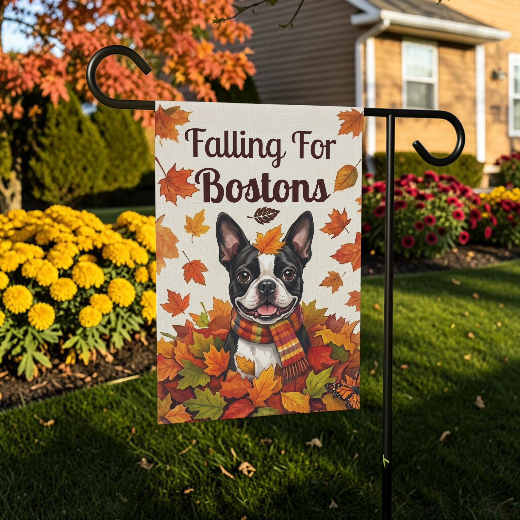 Falling For Bostons Black And White Boston Terrier Garden Flag Double Sided