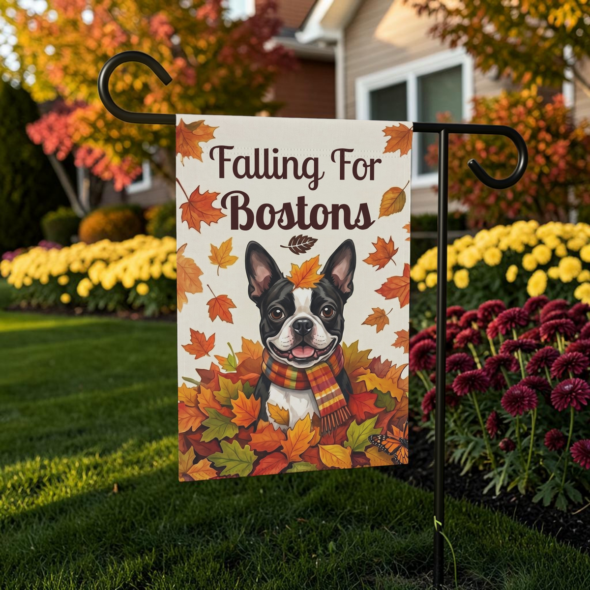 Falling For Bostons Black And White Boston Terrier Garden Flag Double Sided