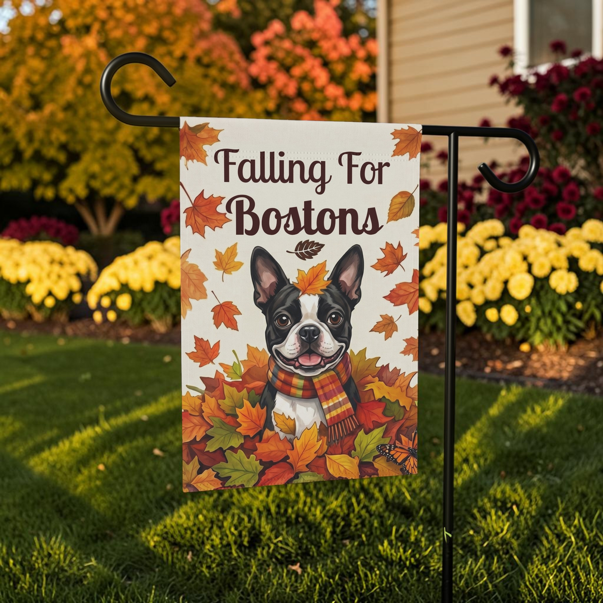 Falling For Bostons Black And White Boston Terrier Garden Flag Double Sided