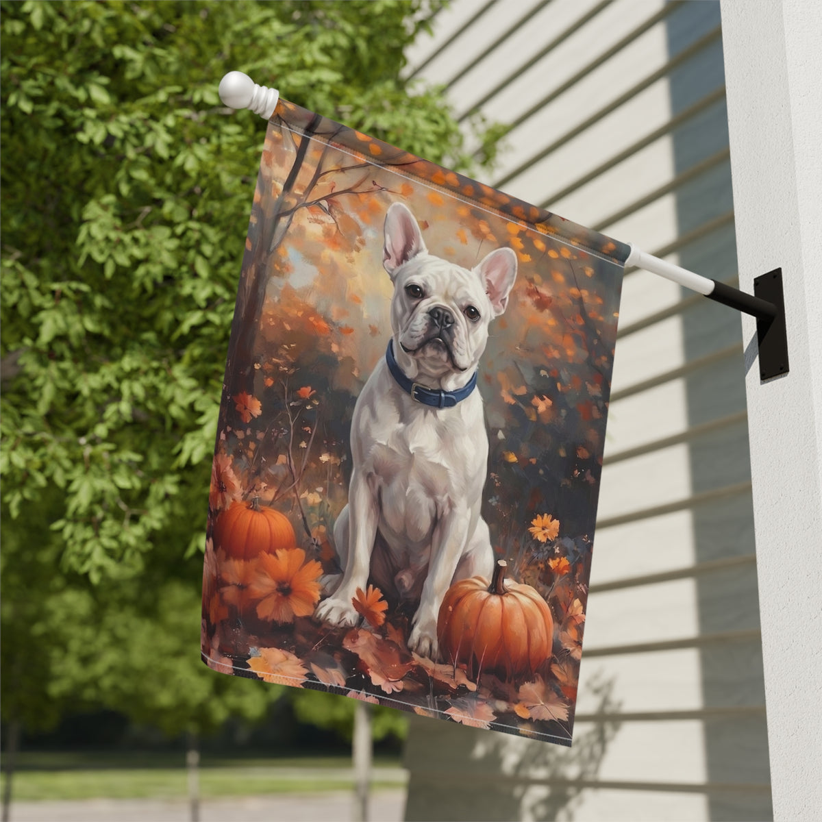 Fall White French Bulldog Autumn Pumpkin Garden Flag Double Sided 12x18 24x32