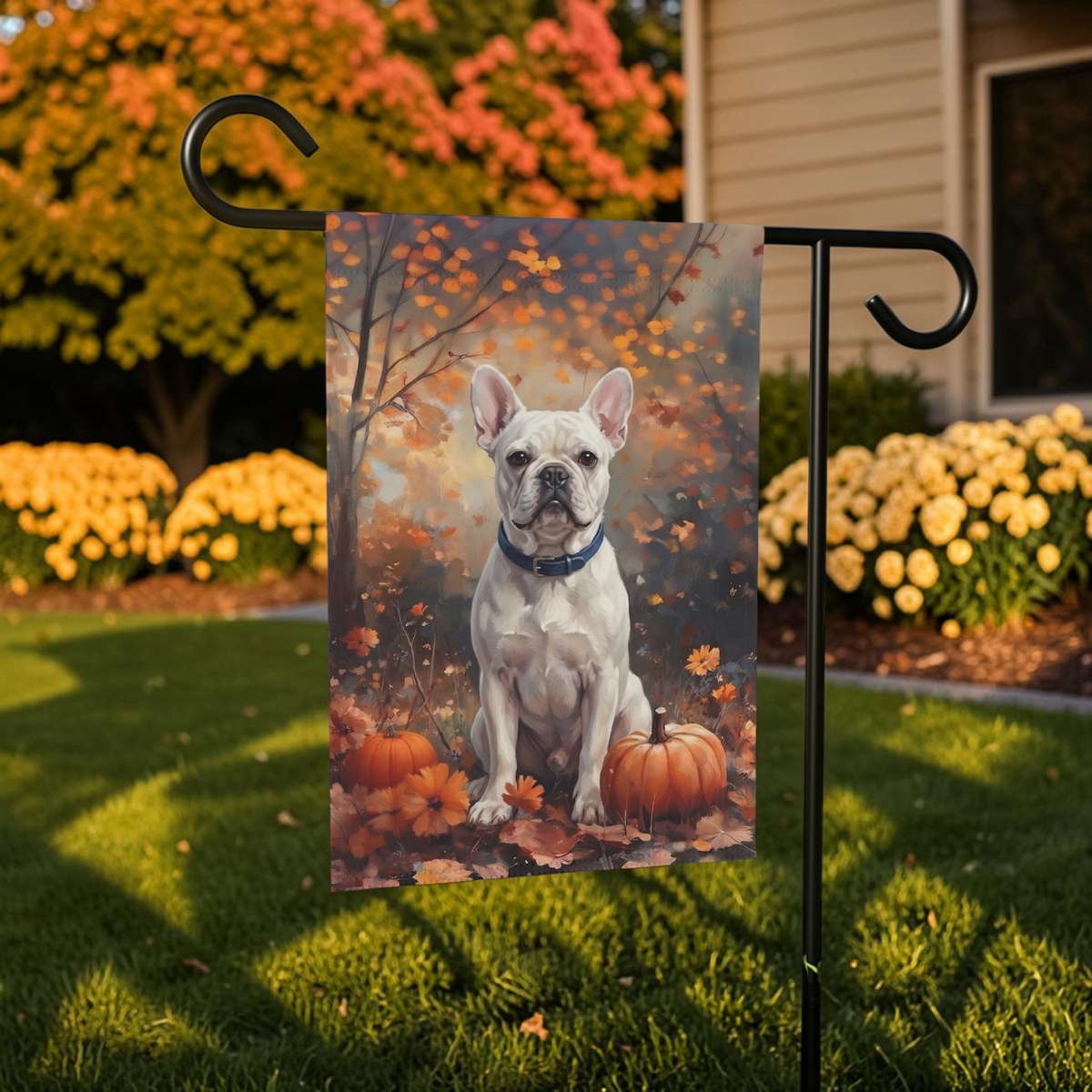 Fall White French Bulldog Autumn Pumpkin Garden Flag Double Sided 12x18 24x32