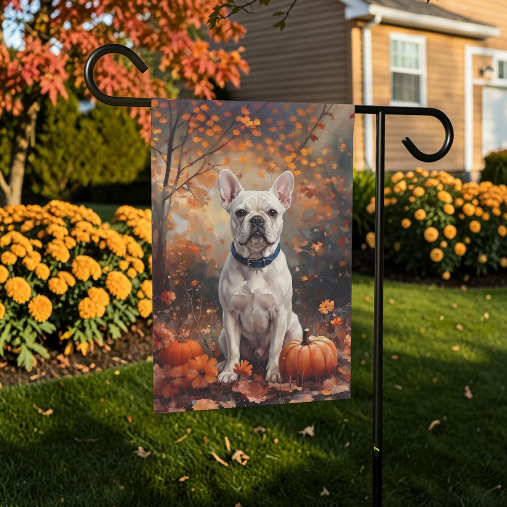 Fall White French Bulldog Autumn Pumpkin Garden Flag Double Sided 12x18 24x32