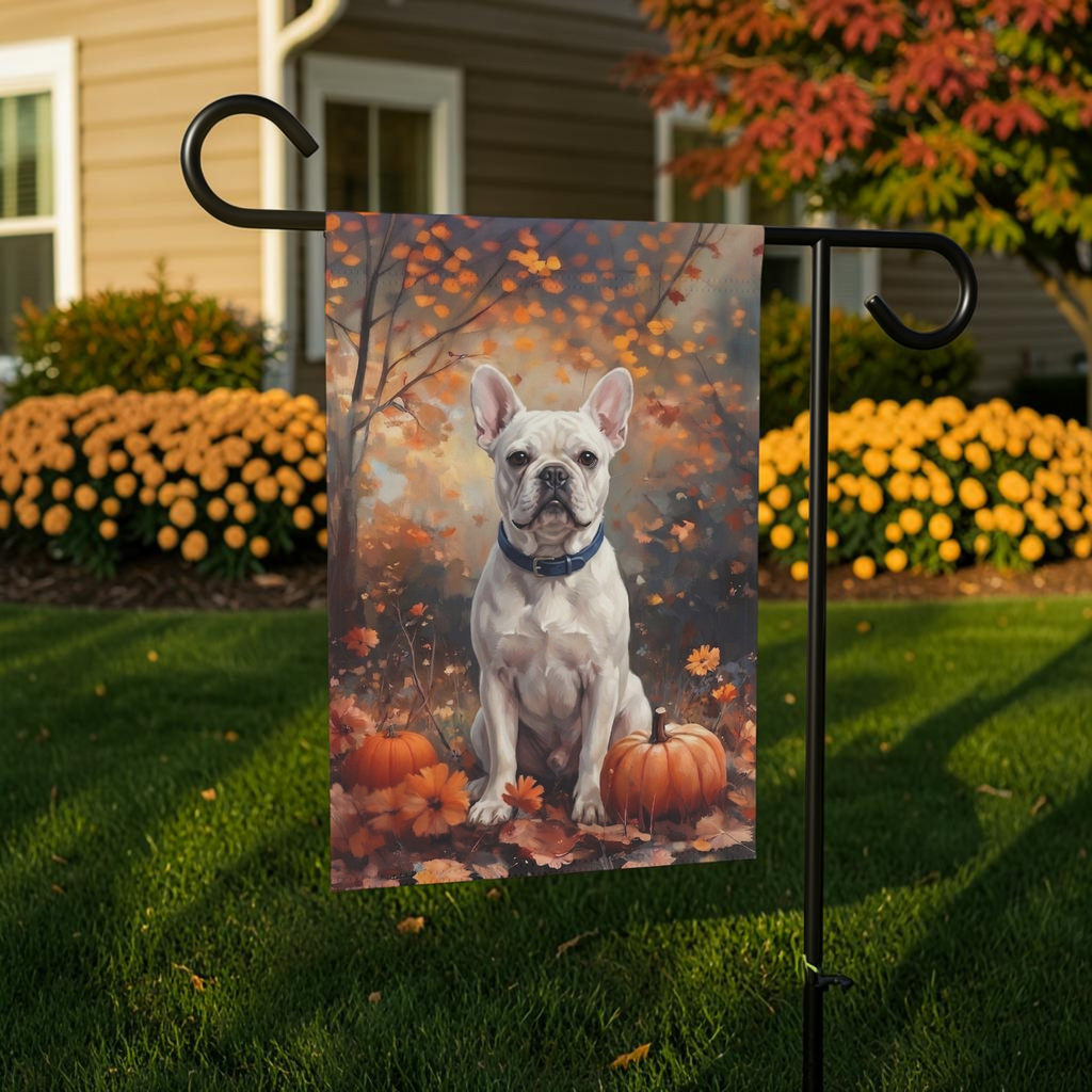 Fall White French Bulldog Autumn Pumpkin Garden Flag Double Sided 12x18 24x32