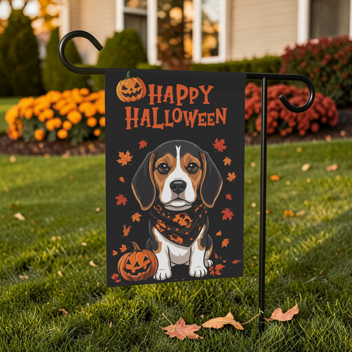 Little Pumpkin and Beagle Happy Halloween Garden Flag Double Sided 12x18 24x32