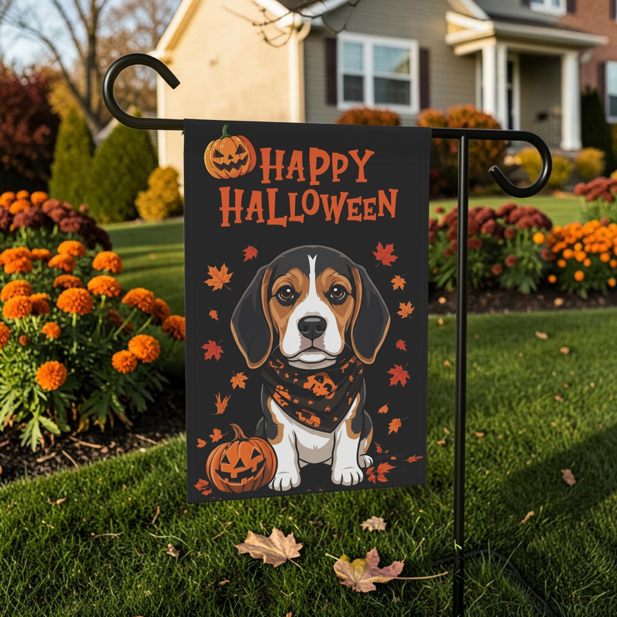 Little Pumpkin and Beagle Happy Halloween Garden Flag Double Sided 12x18 24x32