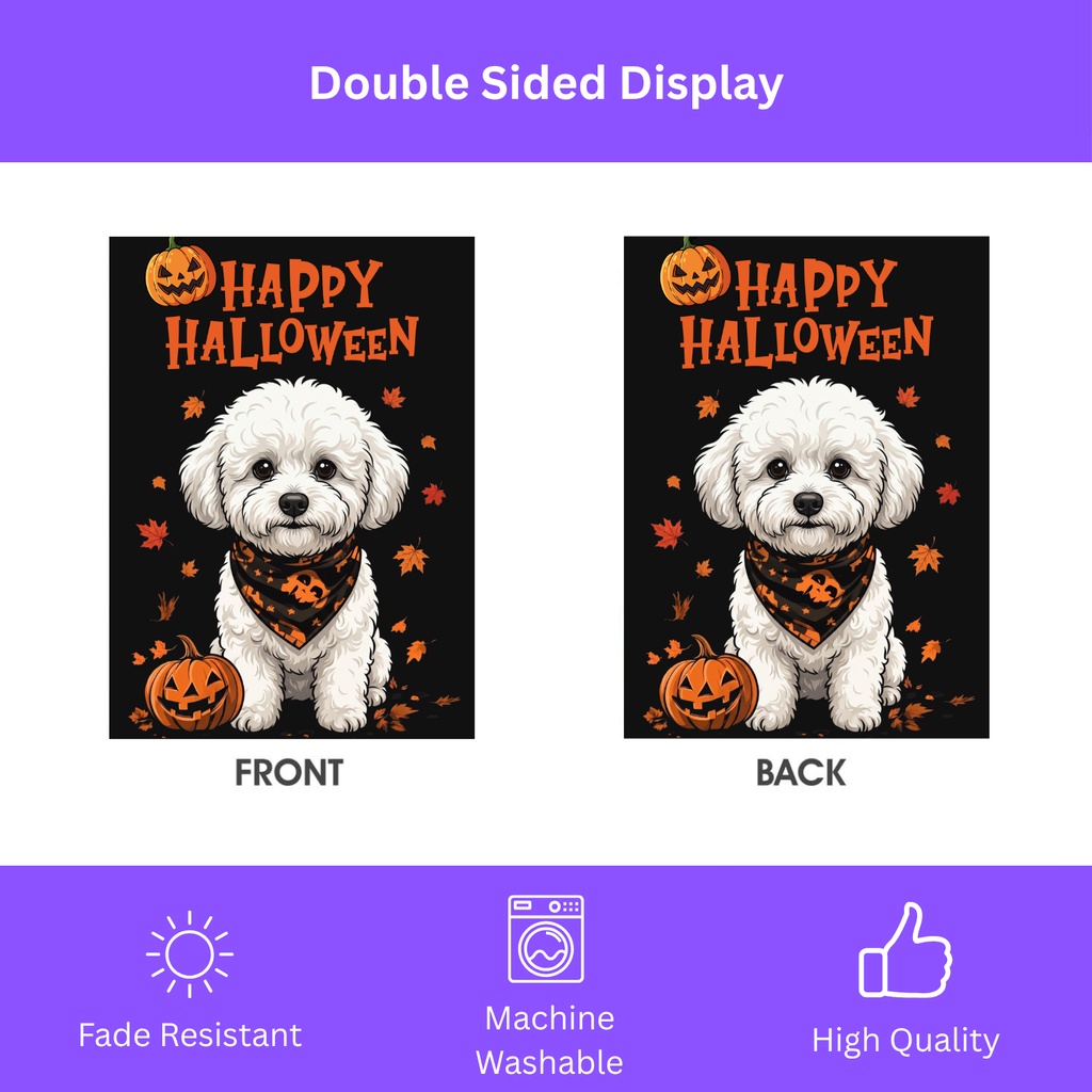 Little Pumpkin and Bichon Frise Happy Halloween Garden Flag Double Sided Outdoor