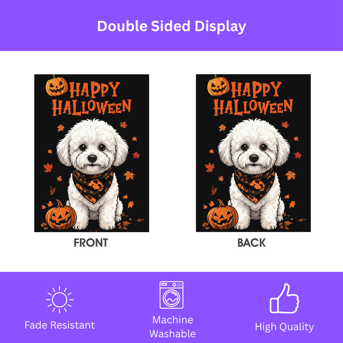 Little Pumpkin and Bichon Frise Happy Halloween Garden Flag Double Sided Outdoor