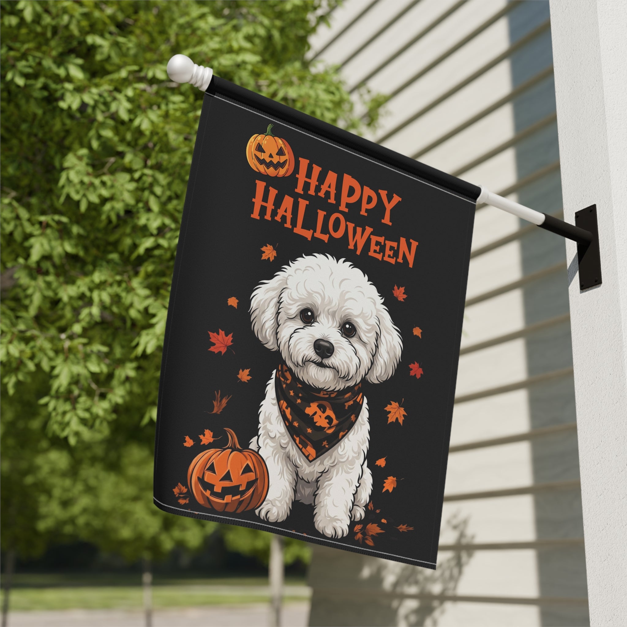 Little Pumpkin and Bichon Frise Happy Halloween Garden Flag Double Sided Outdoor