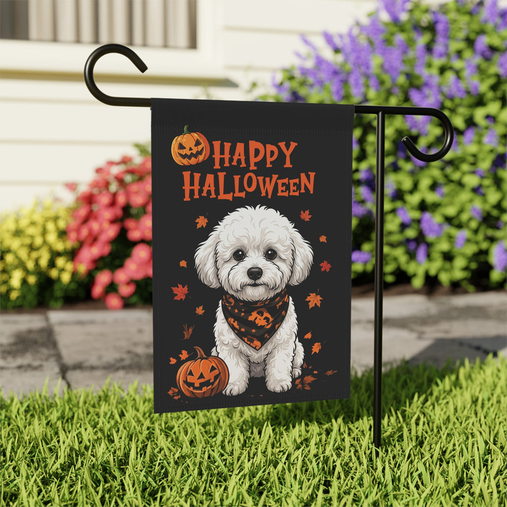 Little Pumpkin and Bichon Frise Happy Halloween Garden Flag Double Sided Outdoor