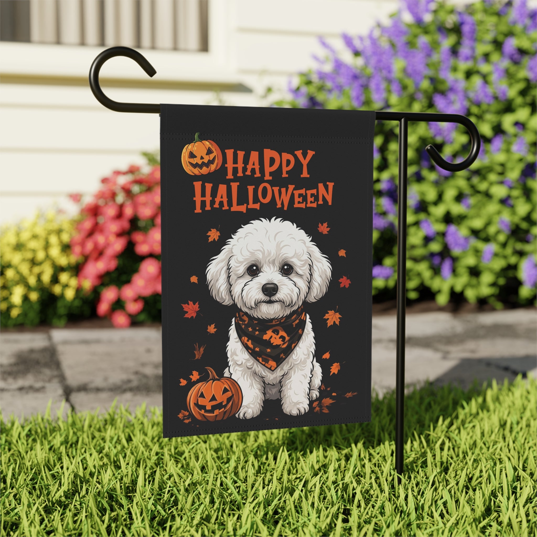 Little Pumpkin and Bichon Frise Happy Halloween Garden Flag Double Sided Outdoor