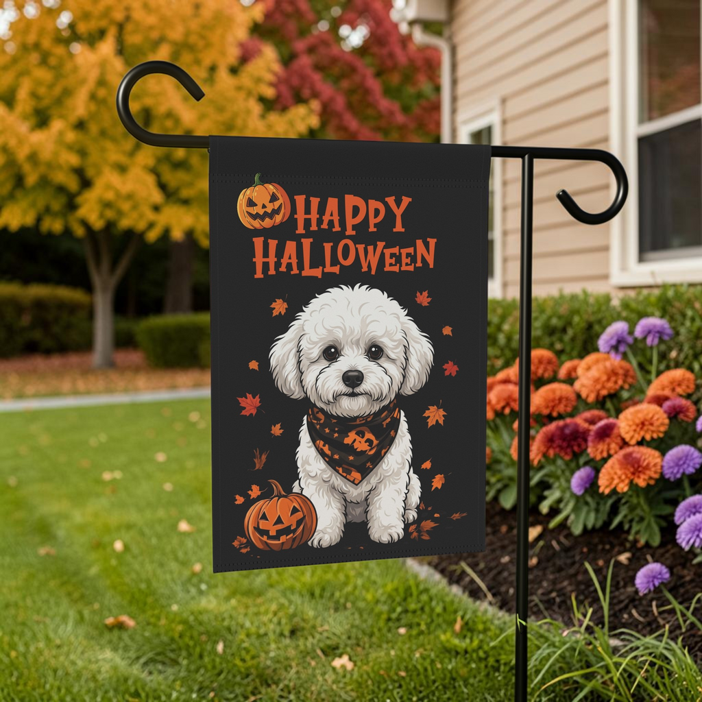 Little Pumpkin and Bichon Frise Happy Halloween Garden Flag Double Sided Outdoor