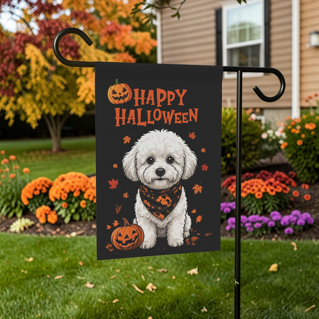 Little Pumpkin and Bichon Frise Happy Halloween Garden Flag Double Sided Outdoor
