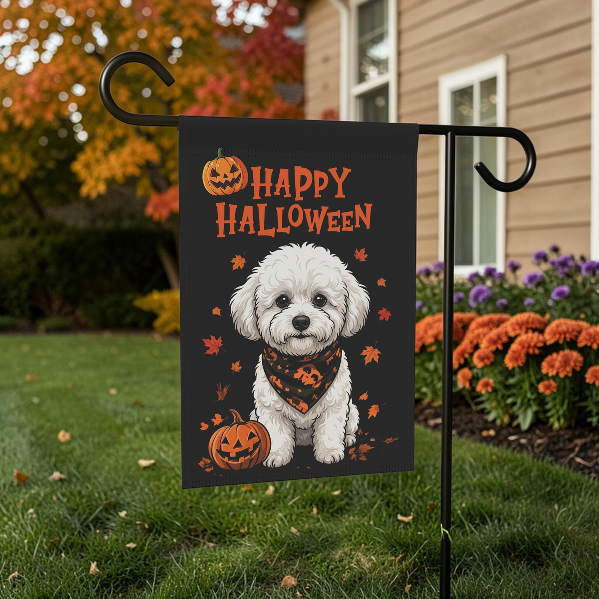 Little Pumpkin and Bichon Frise Happy Halloween Garden Flag Double Sided Outdoor