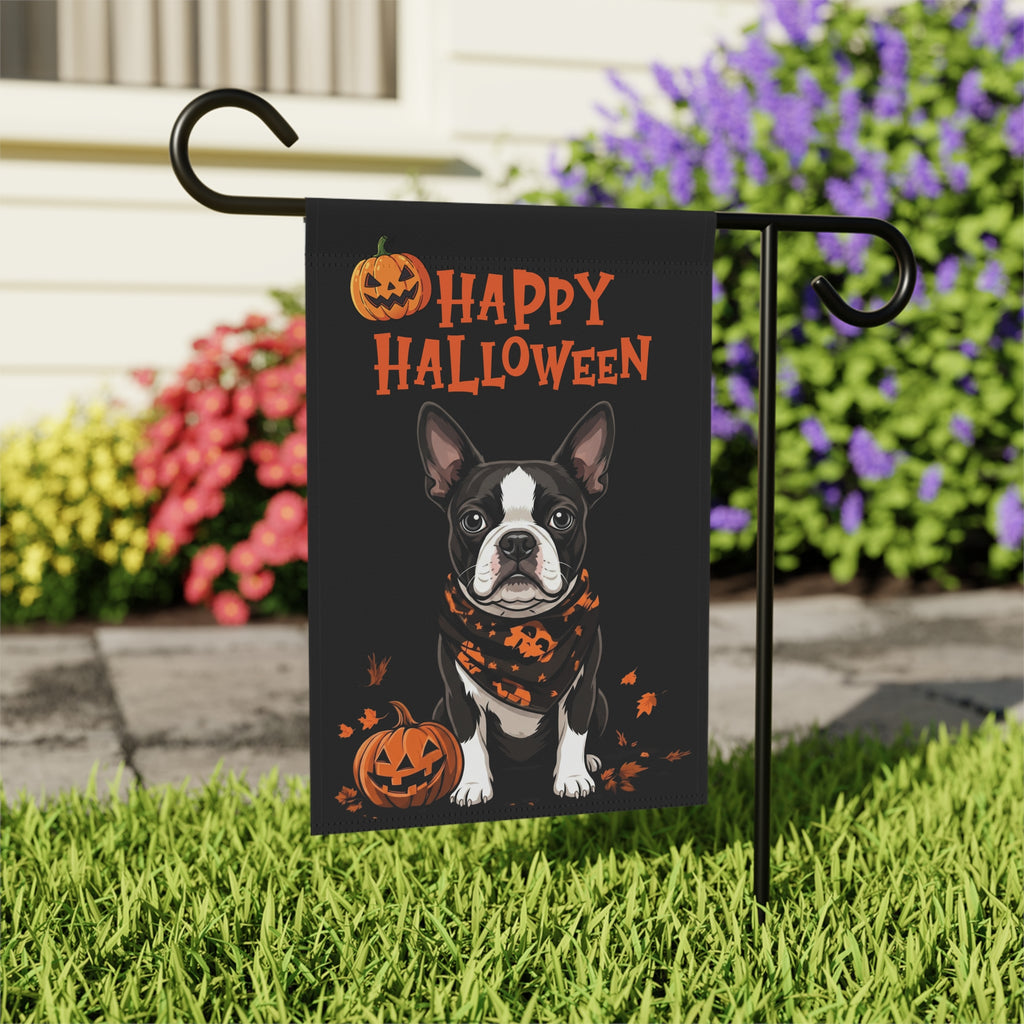 Little Pumpkin and Black and White Boston Terrier Happy Halloween Garden Flag