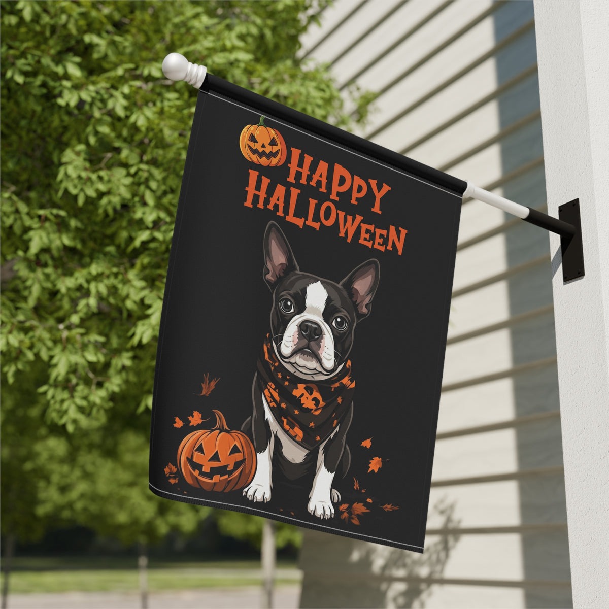 Little Pumpkin and Black and White Boston Terrier Happy Halloween Garden Flag