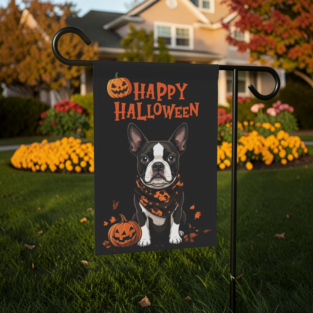 Little Pumpkin and Black and White Boston Terrier Happy Halloween Garden Flag