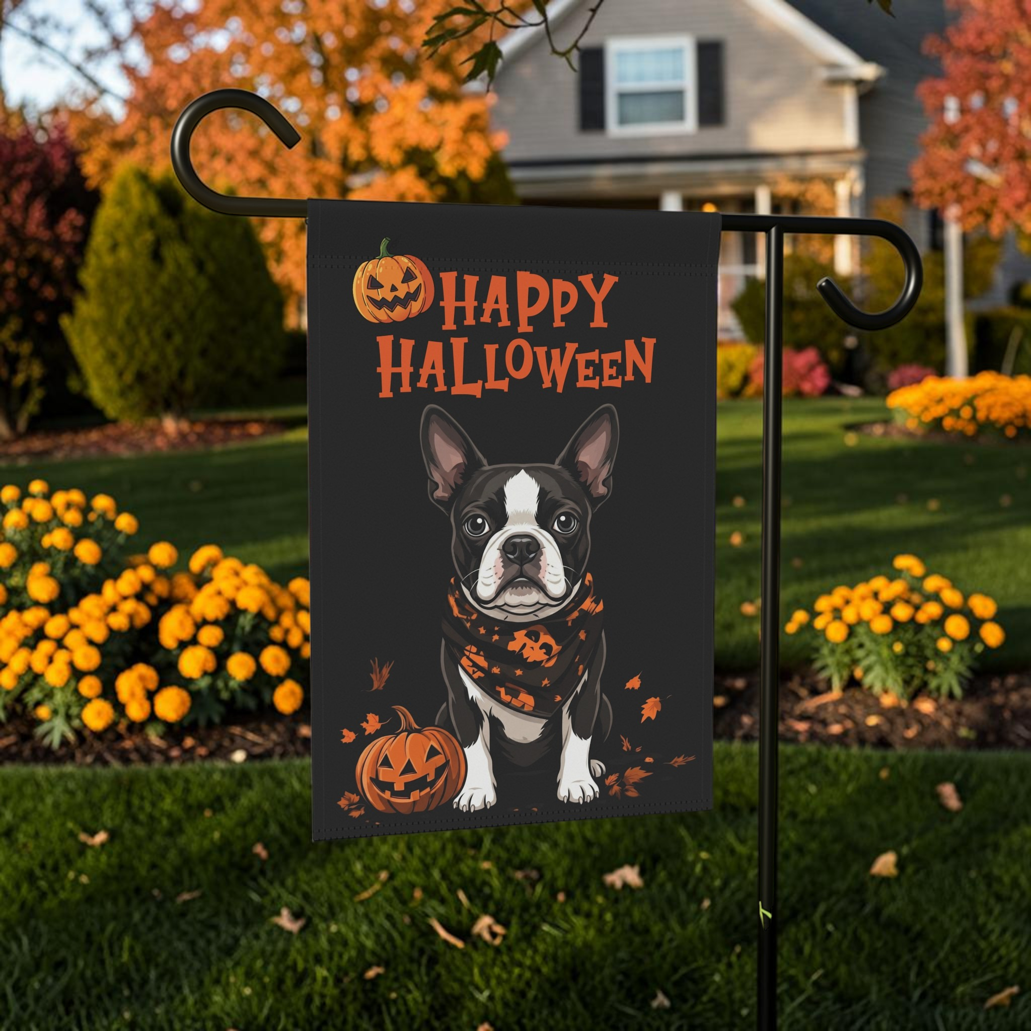 Little Pumpkin and Black and White Boston Terrier Happy Halloween Garden Flag