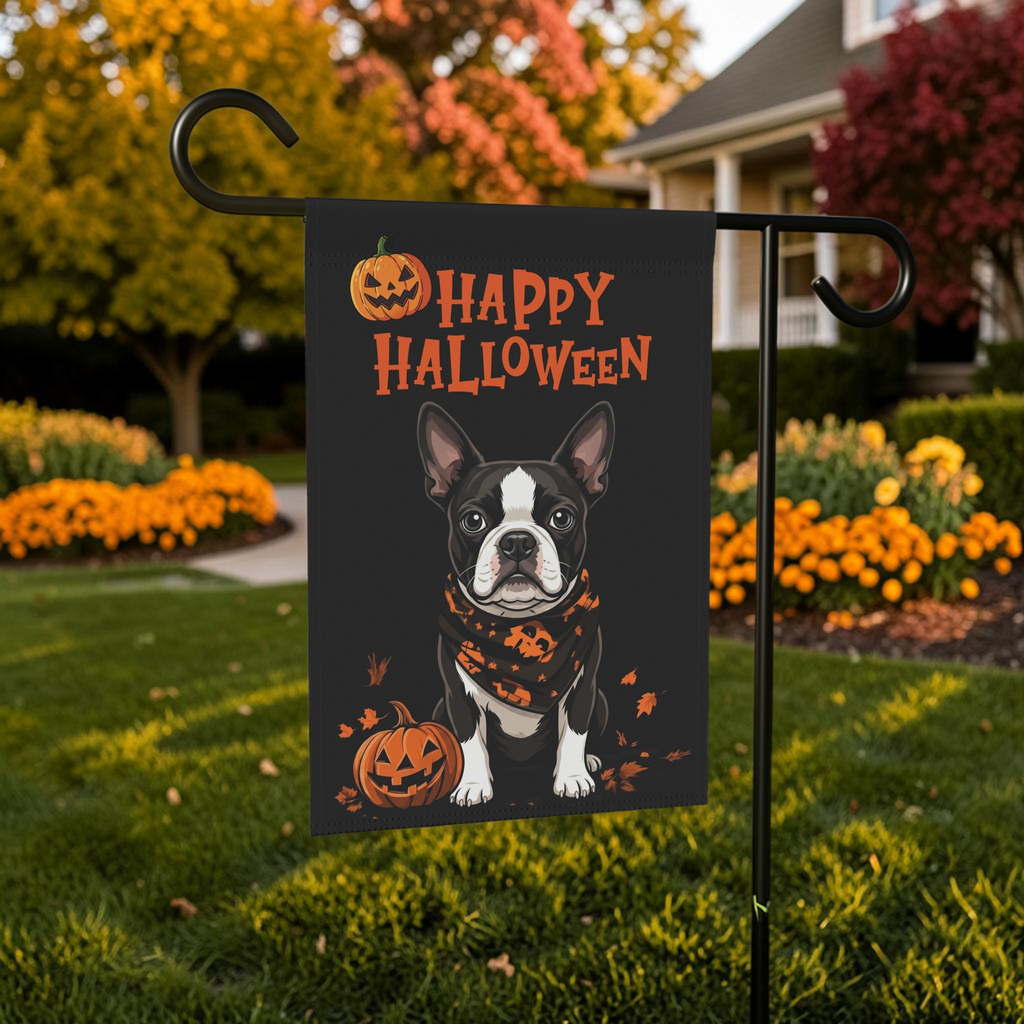 Little Pumpkin and Black and White Boston Terrier Happy Halloween Garden Flag