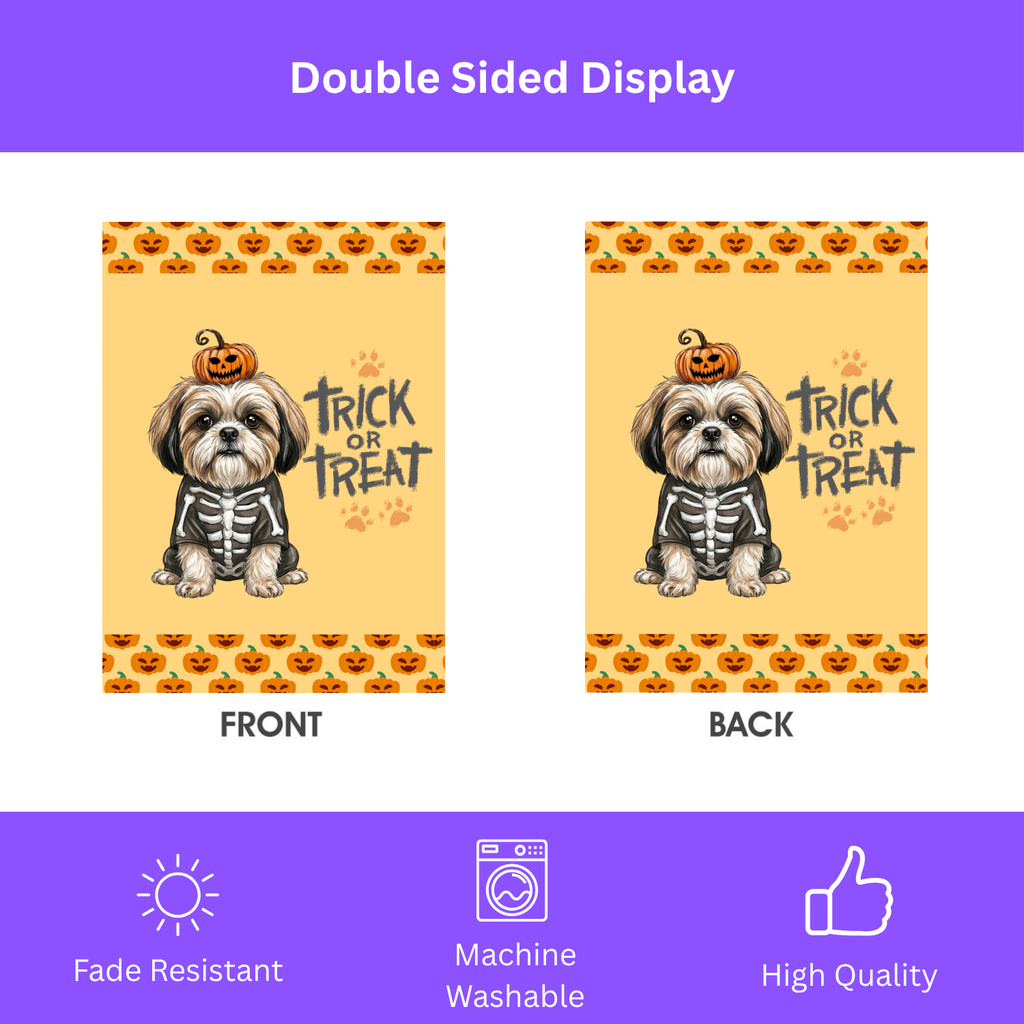 Trick or Treat Shih Tzu Halloween Garden Flag Double Sided 12x18 24x32 Outdoor