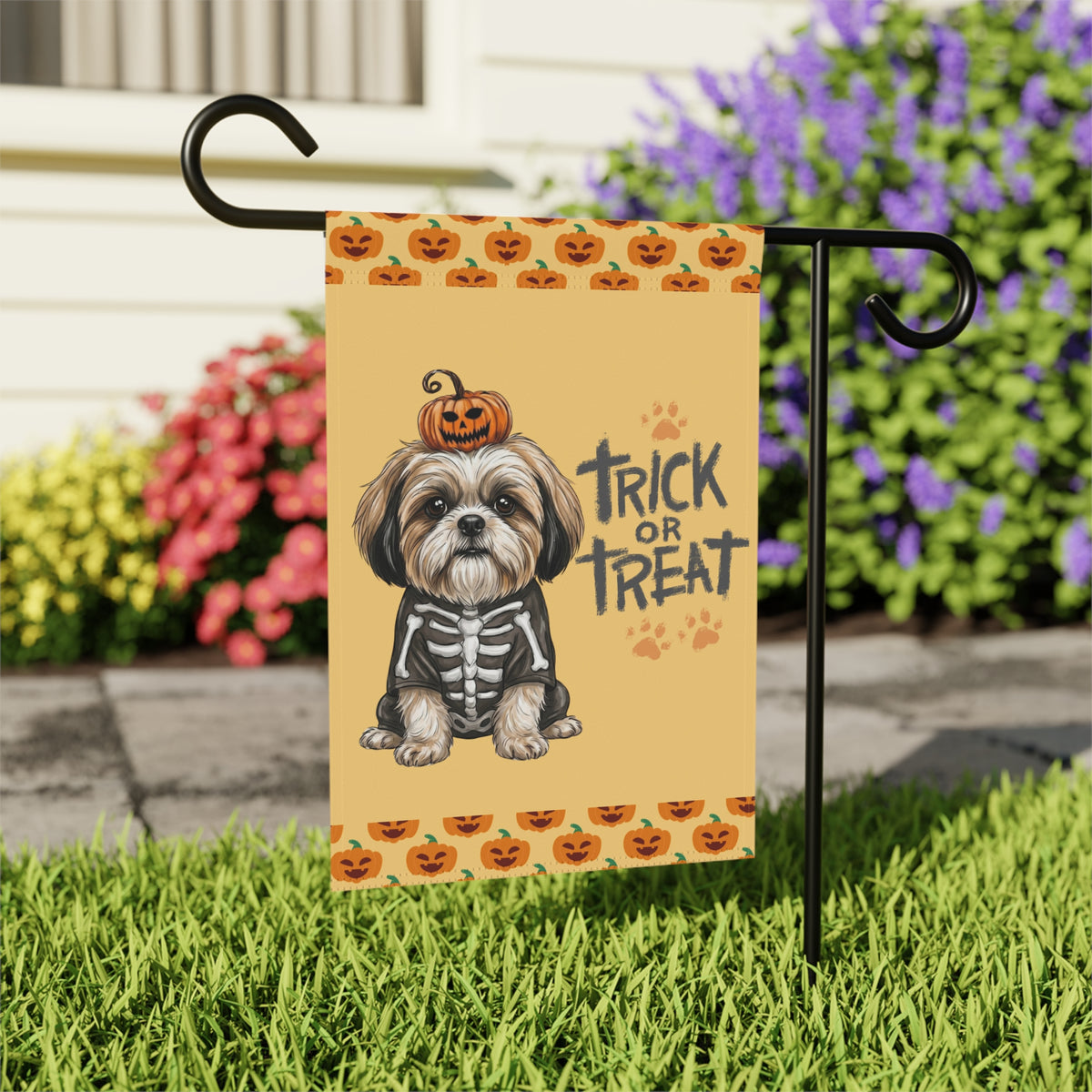 Trick or Treat Shih Tzu Halloween Garden Flag Double Sided 12x18 24x32 Outdoor