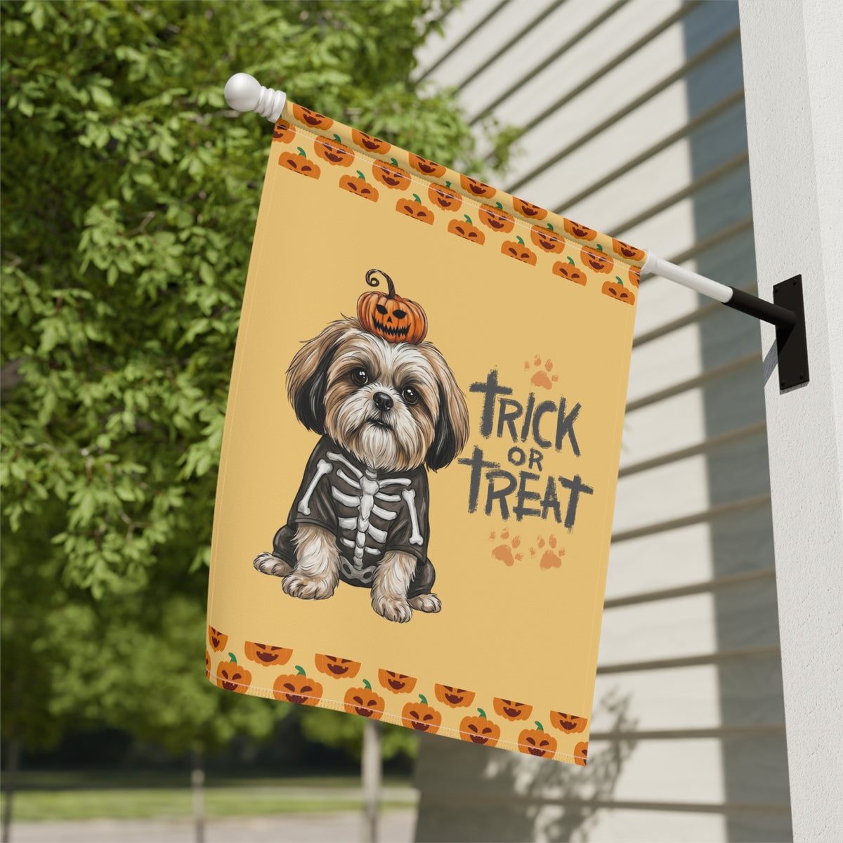 Trick or Treat Shih Tzu Halloween Garden Flag Double Sided 12x18 24x32 Outdoor