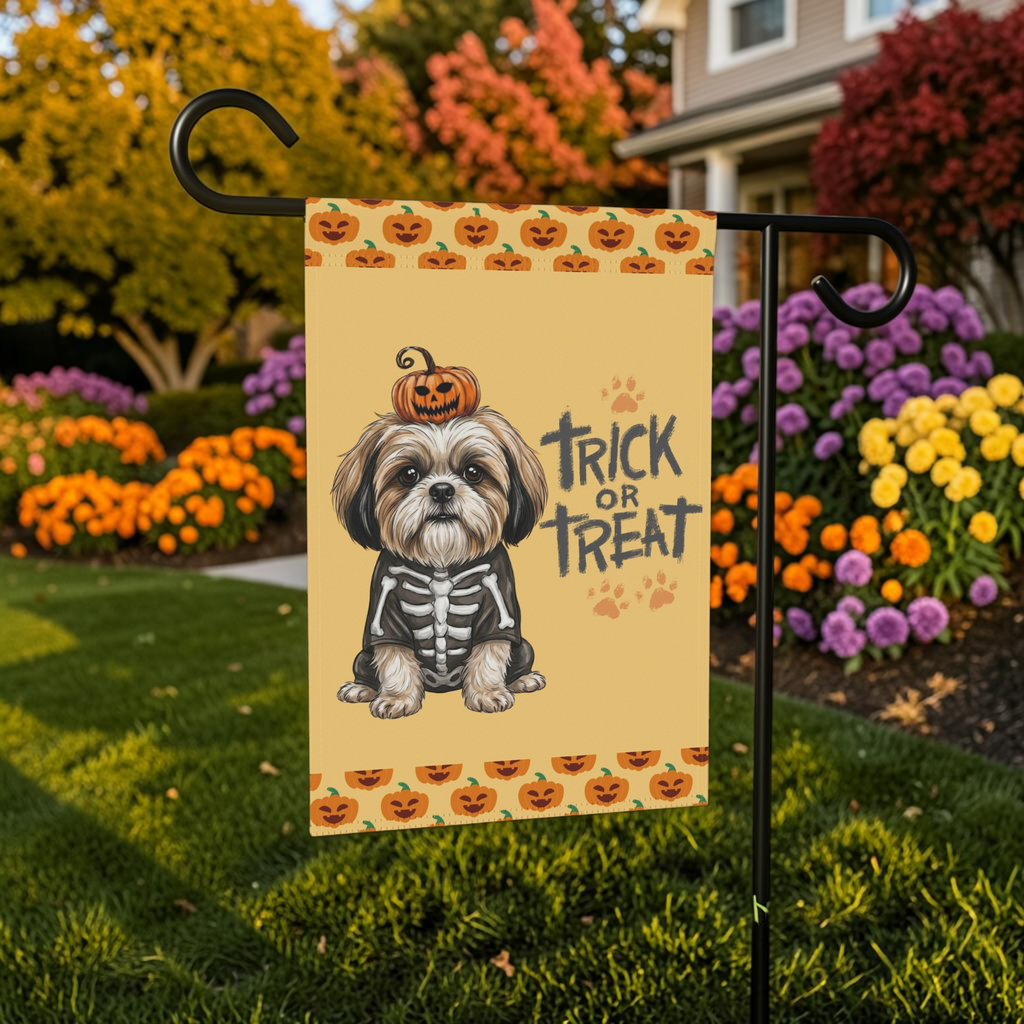 Trick or Treat Shih Tzu Halloween Garden Flag Double Sided 12x18 24x32 Outdoor