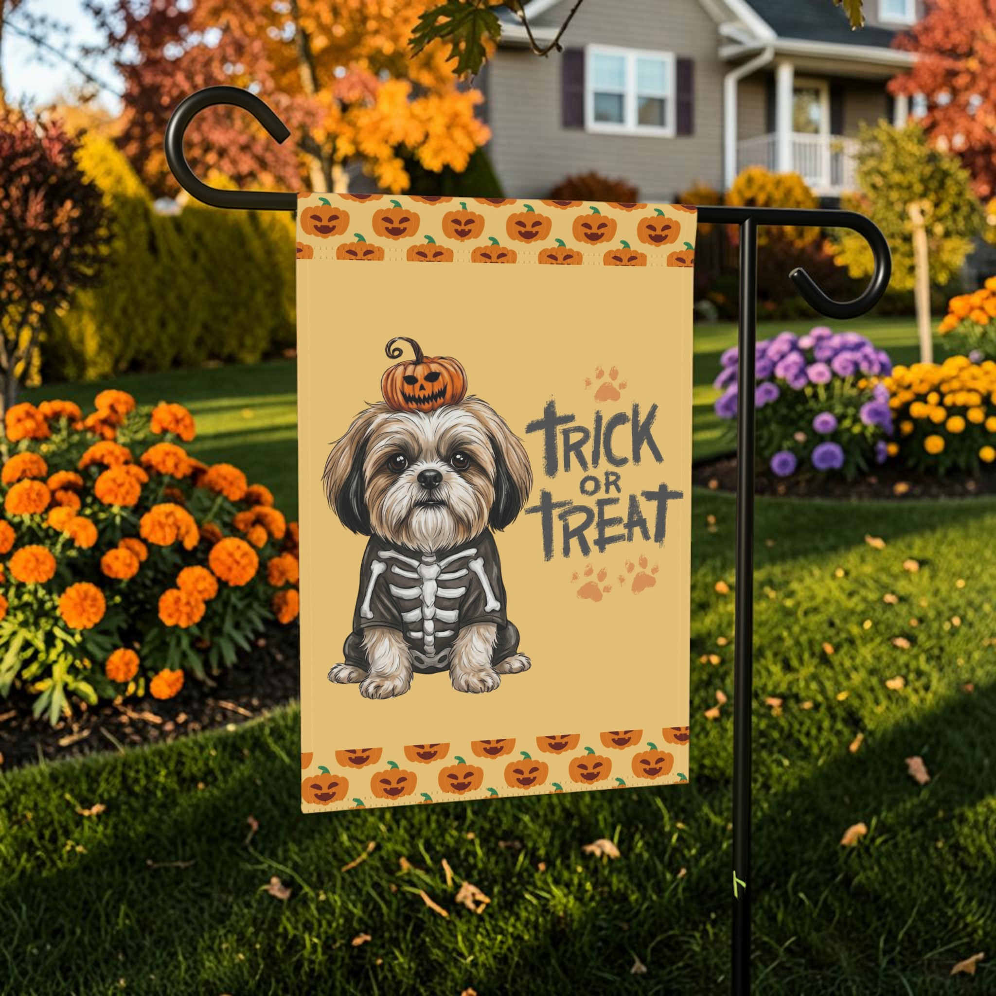 Trick or Treat Shih Tzu Halloween Garden Flag Double Sided 12x18 24x32 Outdoor