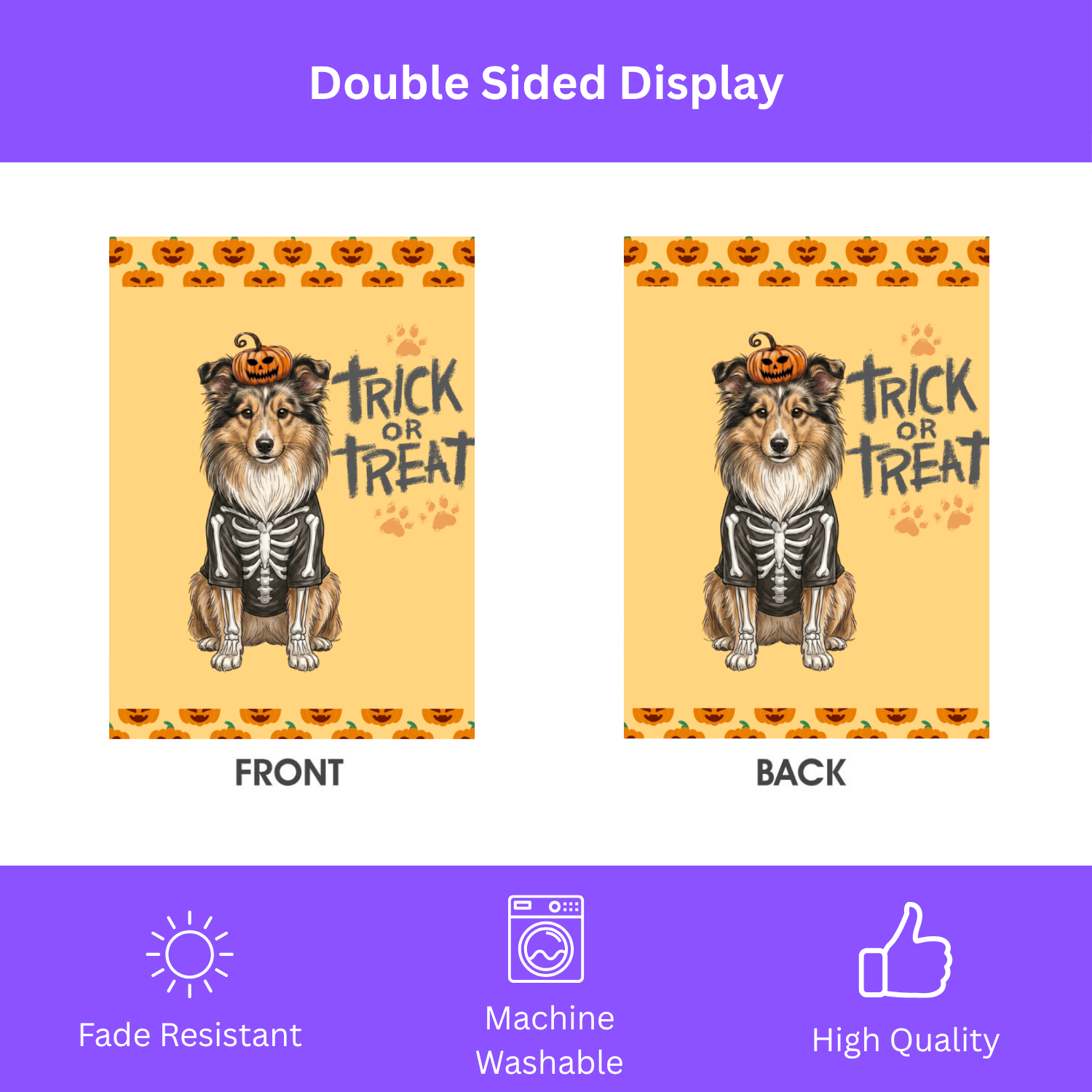 Trick or Treat Sheltie Halloween Garden Flag Double Sided 12x18 24x32 Outdoor