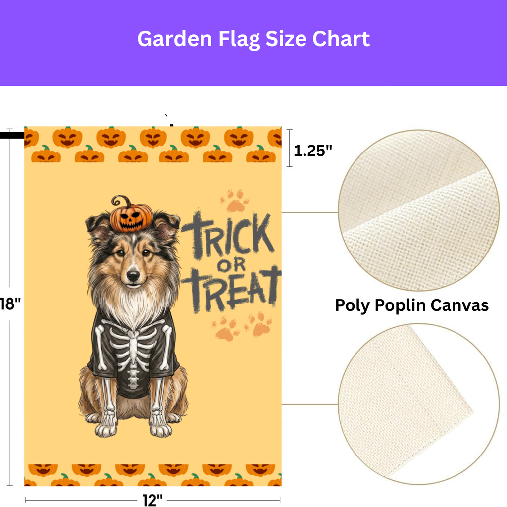 Trick or Treat Sheltie Halloween Garden Flag Double Sided 12x18 24x32 Outdoor